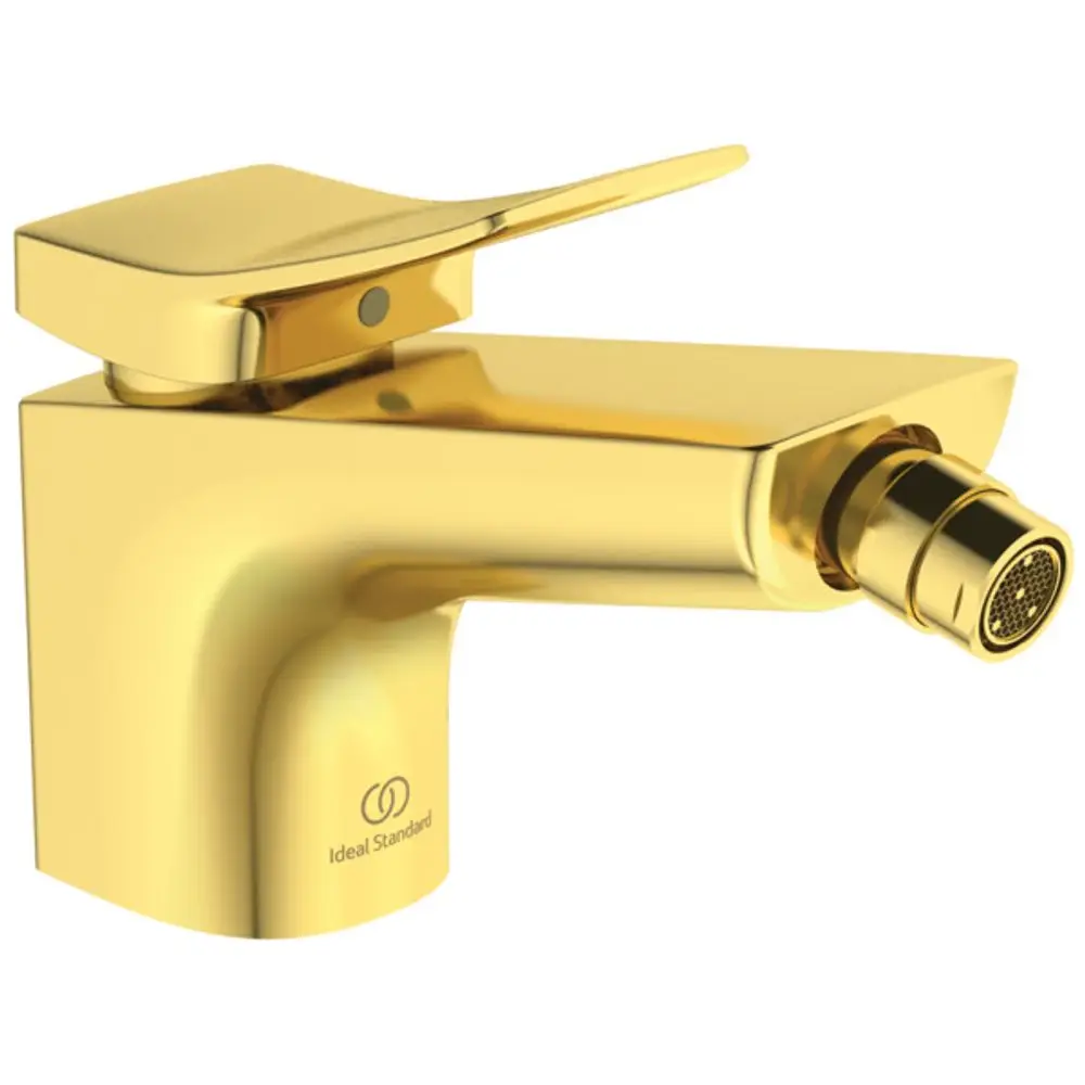 Goldene Bidetarmatur von Ideal Standard mit einem seitlichen Hebel und einem Wasseranschluss, geeignet für moderne Badezimmer.